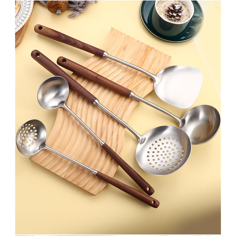 5PCS Stainless Steel Cooking Utensils Set - Soup Ladle, Slotted Turner With Walnut Wood Handle