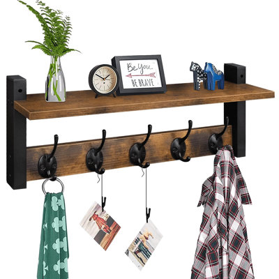 Crochets muraux avec tablette, portemanteau en bois avec tablette murale, tablettes suspendues pour hall d'entrée avec 5 crochets en métal pour chapeaux, porte-serviettes, robes de chambre à coucher, salle de bain, chambre à coucher, brun rustique noir