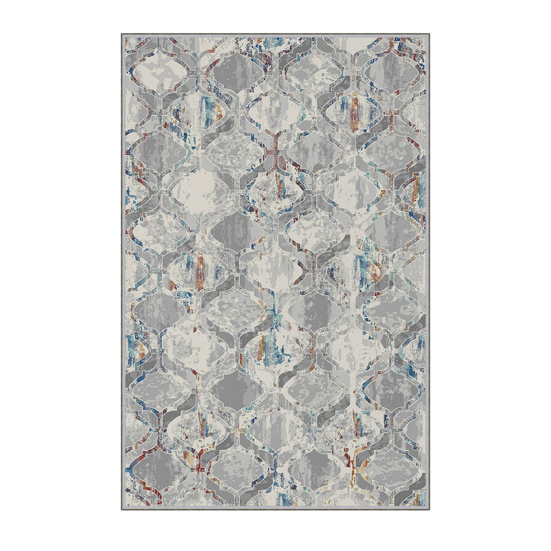 Tapis gris / ivoire en polyester fabriqué à la machine Delma, Tapis de couloir 2 pi 7 po x 6 pi 7 po