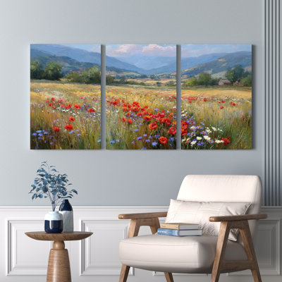 Ensemble de 3 toiles murales représentant un champ de coquelicots, idéal pour la décoration du salon, de la chambre ou de la maison.