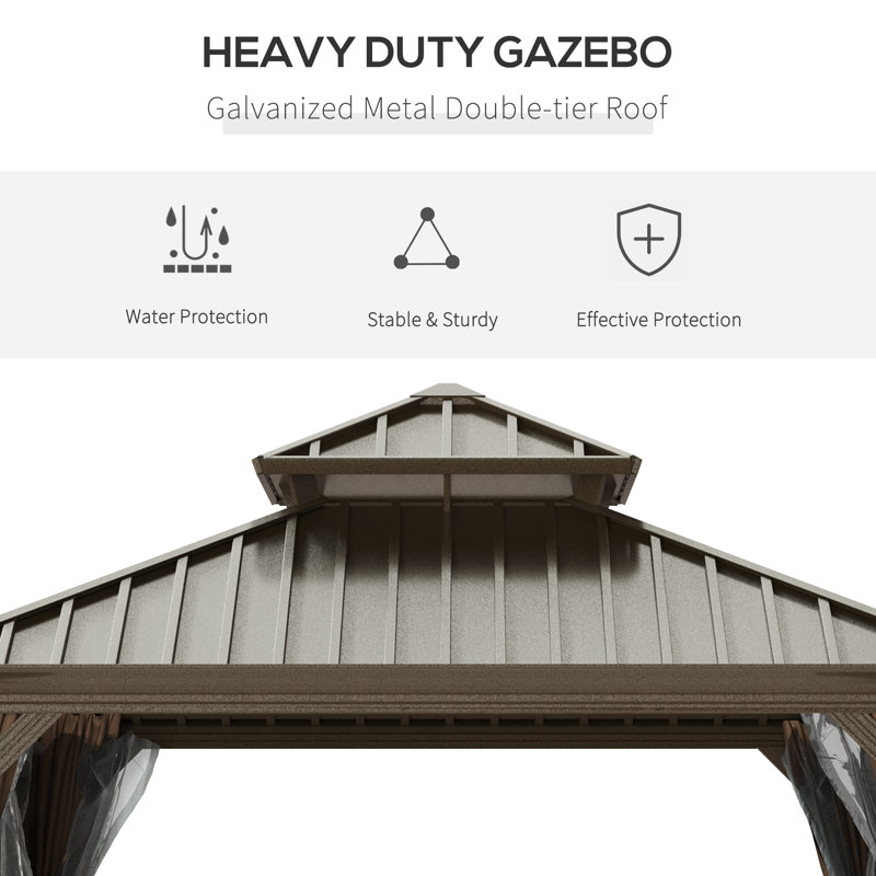 Outsunny 12' x 12' Coffee Aluminum Hardtop Patio Gazebo with Netting & Curtains