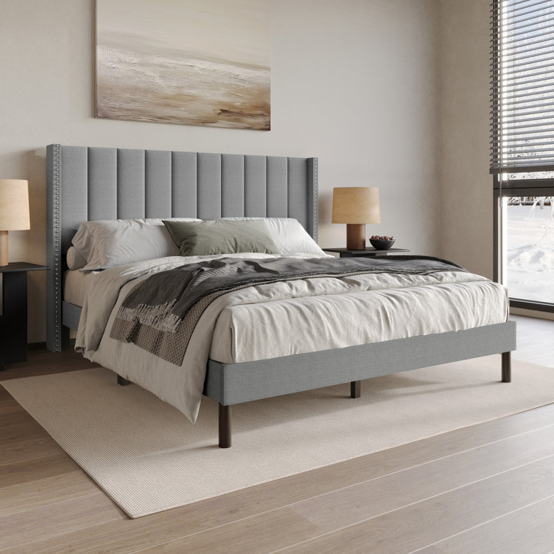 Odessa Upholstered Wingback Panel Bed, Gray, King