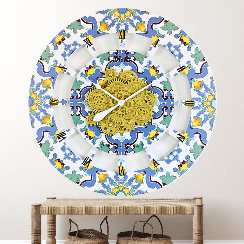 Oversized 36" Multicolor Metal and Wood Wall Clock with Moving Gears