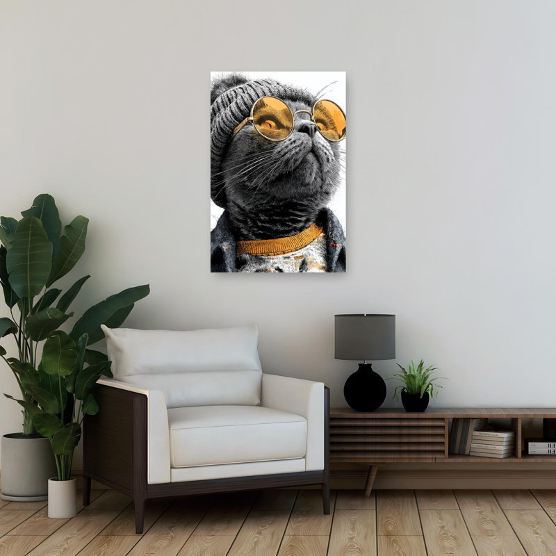 Cool Cat With Sunglasses Retro Cat Portrait Urban Wall Art Print 1 Piece Wrapped Canvas Wall Art, 91.44cm H x 60.96cm W