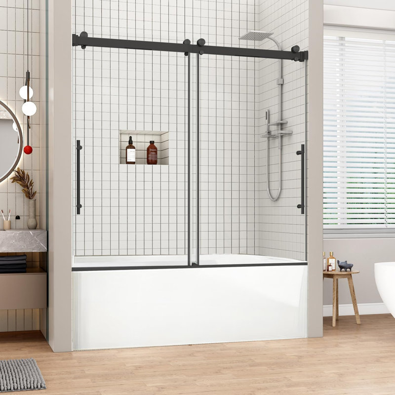60" W X 60" H Double Sliding Frameless Shower Door, Matte Black