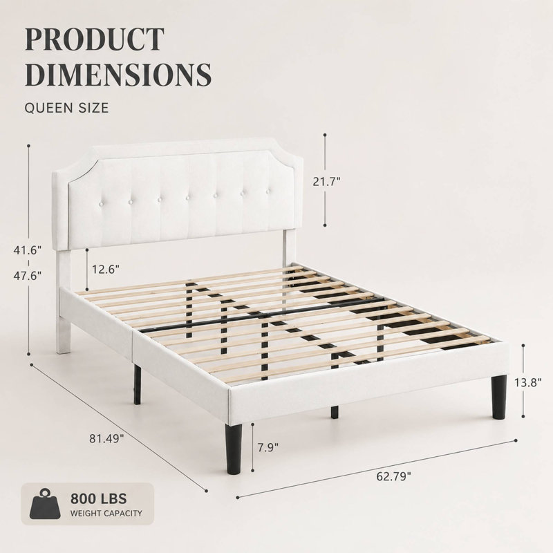 Kempst Upholstered Platform Bed with Height Adjustable Headboard, Queen, White