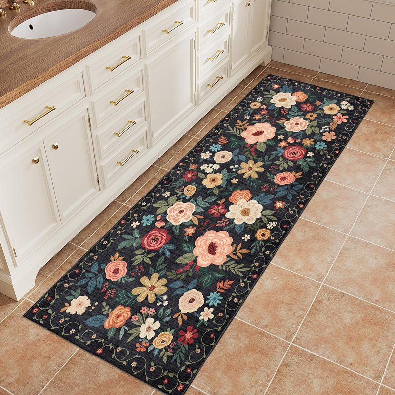Tapis de cuisine floral lavable, Noir, Tapis de couloir 2 pi x 5 pi