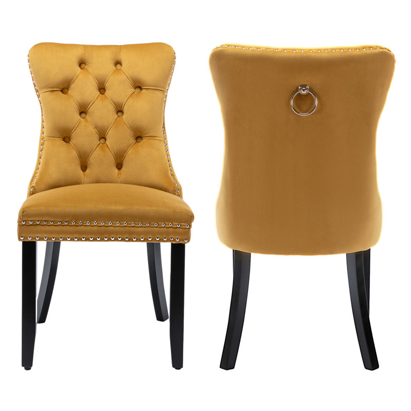 Tufted Velvet Wing Back Side Dining Chairs, Black, Gold
