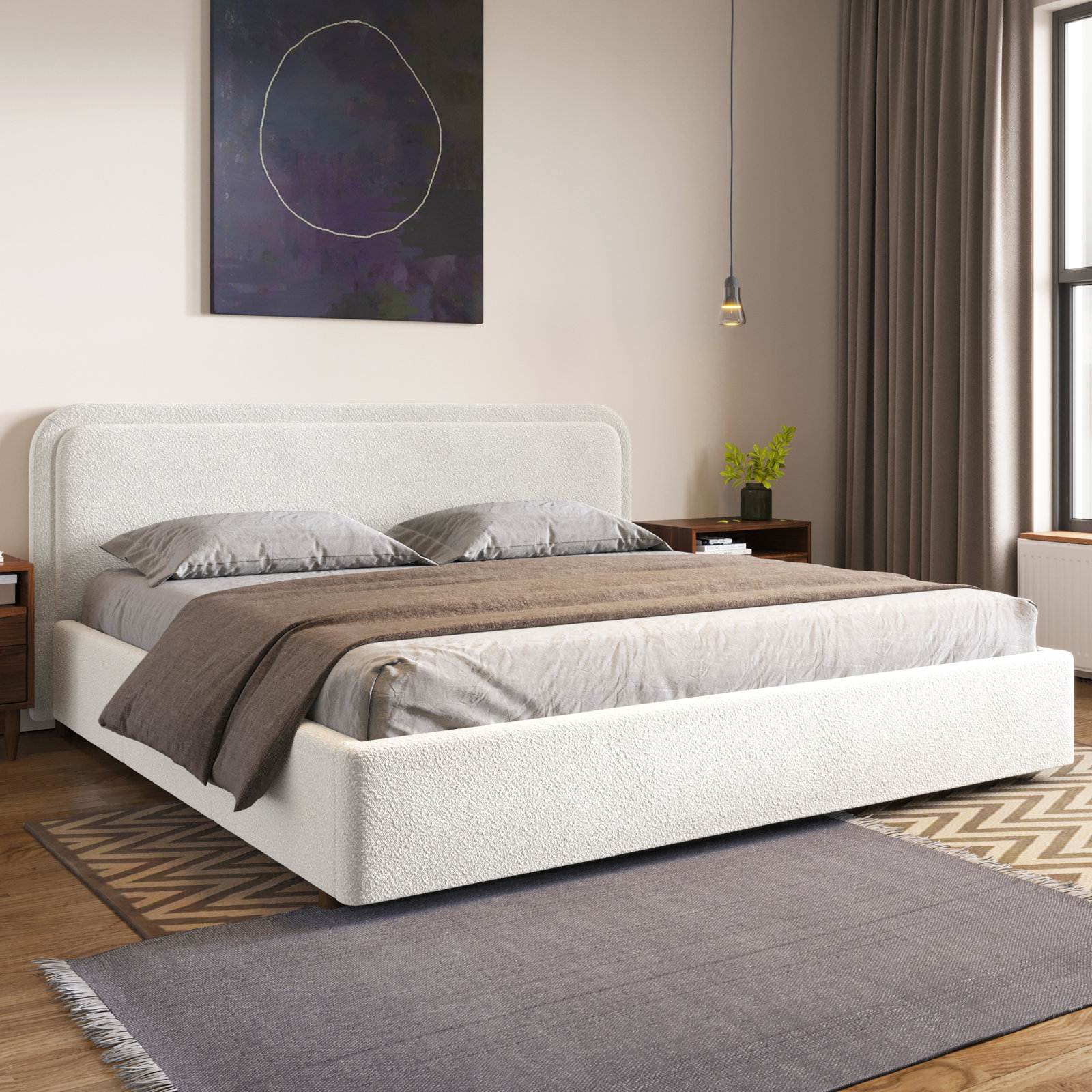 Baneza Platform Bed, White Boucle, King