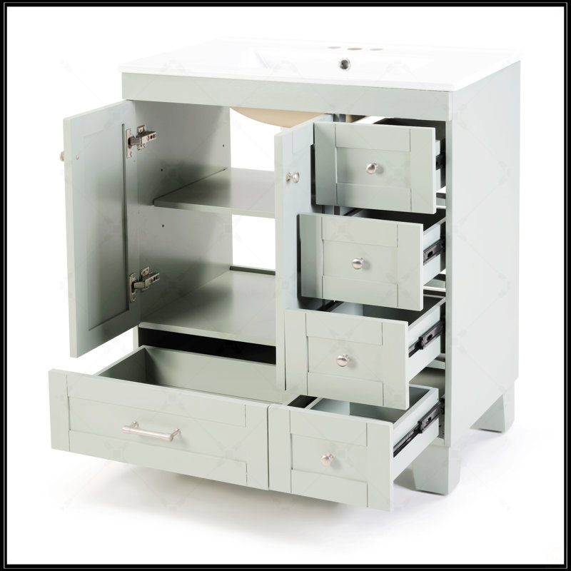Meuble-lavabo de 30 po avec lavabo en céramique - Tiroirs à fermeture en douceur, structure en bois massif, rangement multi-organisateur