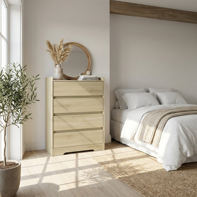 Commode moderne en bois à quatre tiroirs avec finition imperméable et structure robuste
