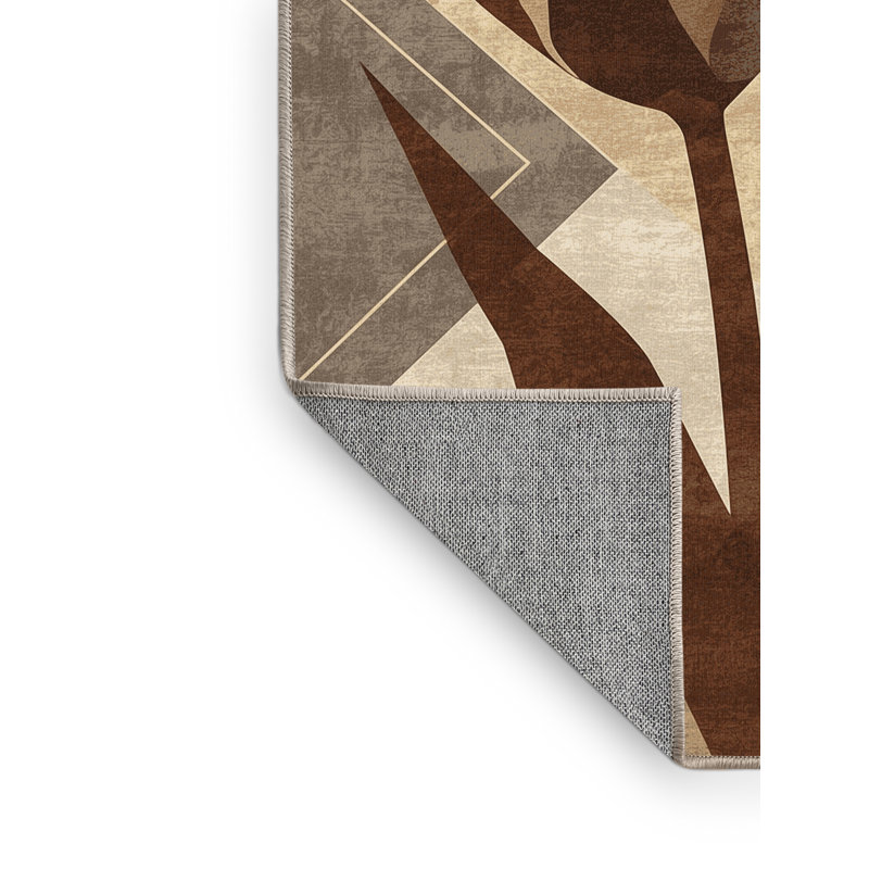 Machine Washable Paesyn Tulip Modern & Contemporary Geometric Shapes Rug in Beige – Beige Binding, 7x10
