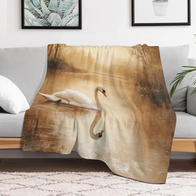 Swan Gliding on Tranquil Sunset Lake Luxury Flannel Throw Blanket, Soft Warm Fuzzy Blanket for Living Room Sofa Bed Home Decor