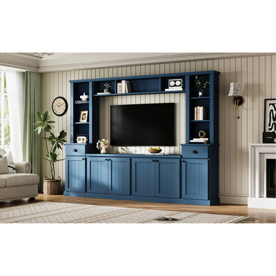 Large Blue Tv Stand With Bridge For 75'' Tvs, Contemporary Adjustable Height And Storage, Entertainment Wall Unit In Living Room Space