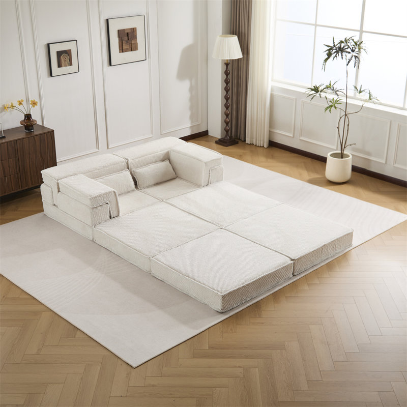 78.74" 2-Seater Sofa with Ottoman, White Fabric