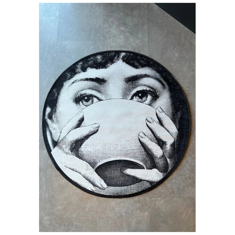 Face And Cup Themed Black And White Carpet, Round 2'8"