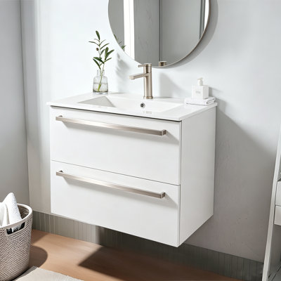 30“ Modern White Wall Mounted  Single Bathroom Vanity with Ceramic Top