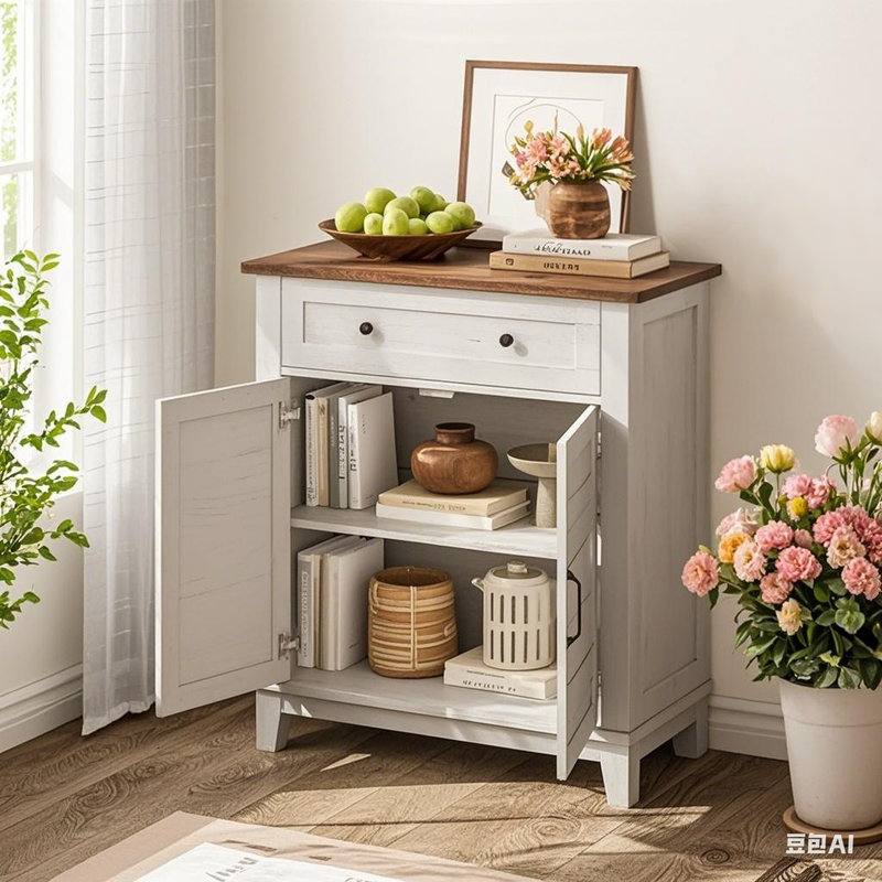 31.5" Rustic Storage Cabinet Adjustable 3-Tier, Farmhouse Entryway Organizer with Slatted Doors, Waterproof Design for Kitchen, Dining Room, and Home Office