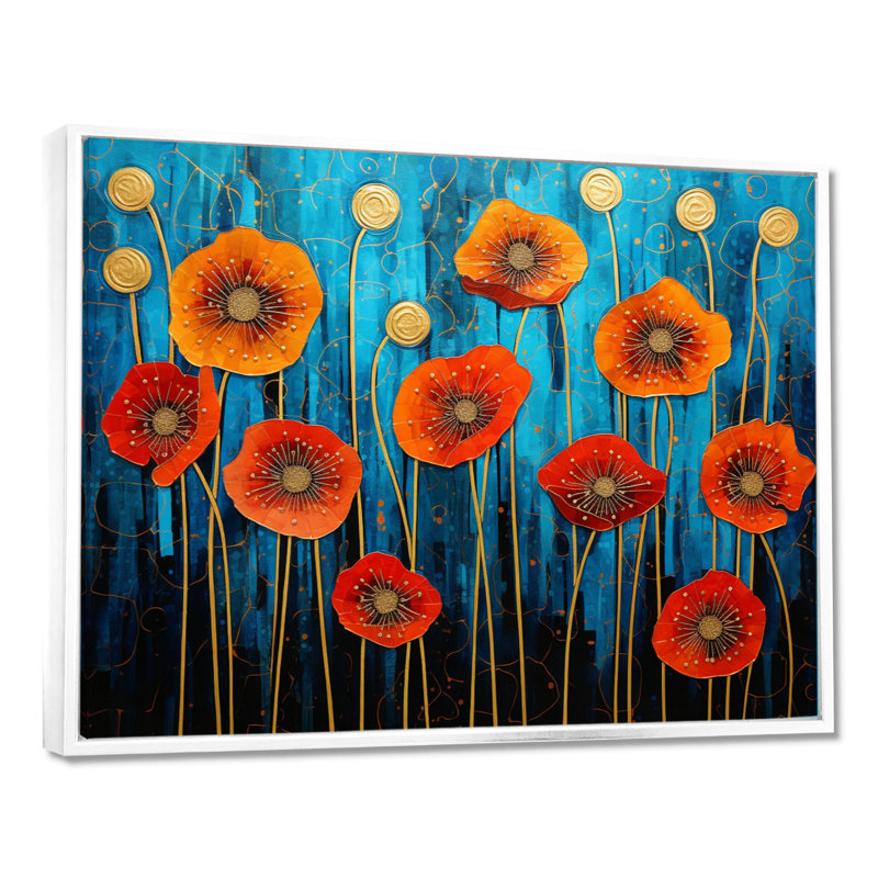 Red Poppies Magical Night - impression d'art mural coquelicot, Cadre flottant blanc, bois massif, H 12 po x l 20 po