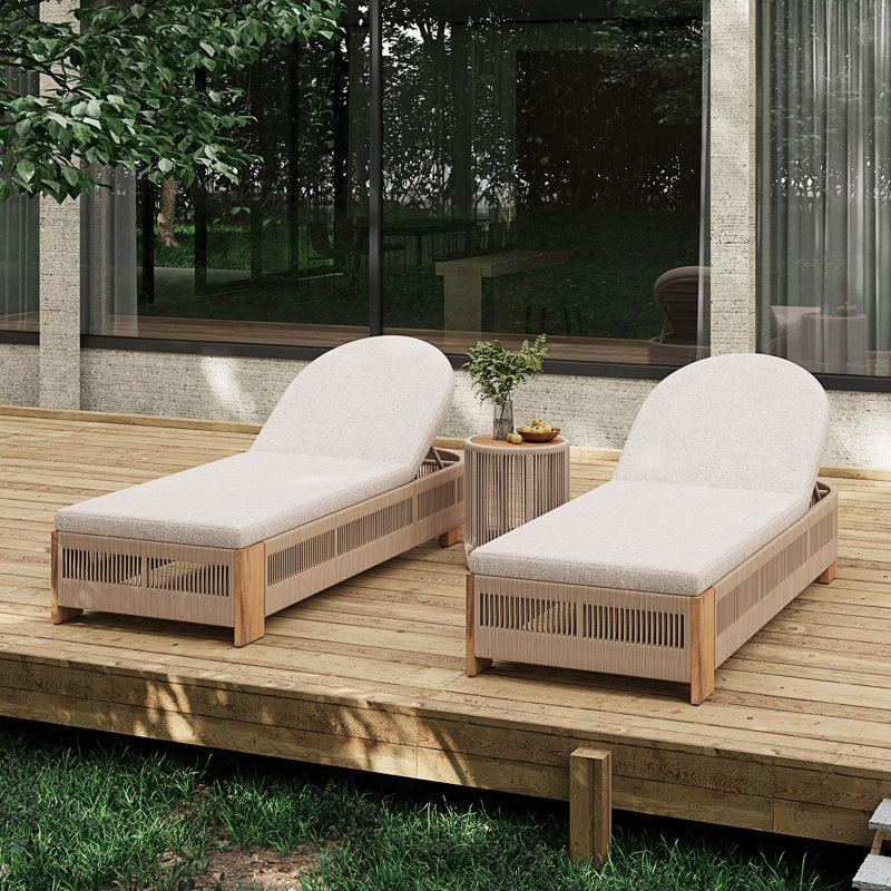 Outdoor Rope Chaise Lounge Set, Patio Lounge Chairs With Side Table And Cushions, Teak/Beige, 2