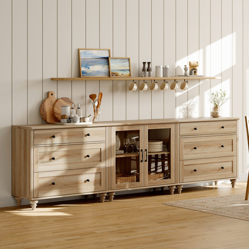 Sideboard Buffet Cabinets With 2-Glass Door, 3-In-1 Kitchen Storage Cabinets, Wood Coffee Bar Tables With Adjustable Shelf & 6 Drawers For Dining Room, Living Room, Bedroom, Oak
