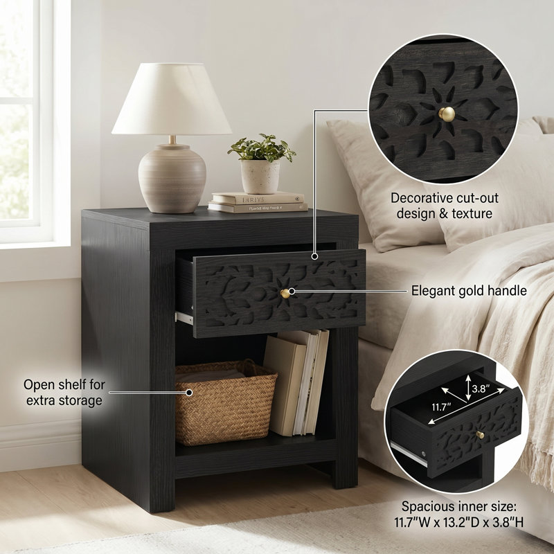 Lukasik 1 Drawer Nightstand, Black Oak