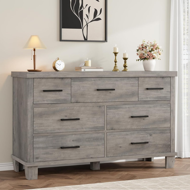 51" Wide 7 Drawer Dresser, Modern Wood Chest with Metal Handles for Bedroom, Black