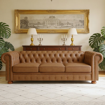88.5" Chesterfield Sofa, Faux Leather Couch Upholstered Sofa With Low Back, Rolled Arm Nailhead Trim Classic 3 Seater Sofa - Brown