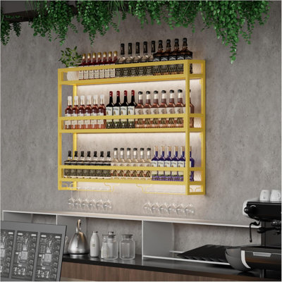 Wine Rack With LED Light Metal Wine Rack Wall Mounted, 3-Tiers Bar Liquor Shelf With Wine Glass Holder, Industrial Liquor Bottle Display Storage Shelf