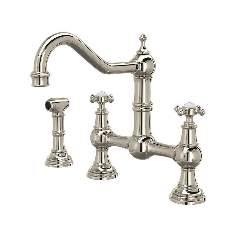 Edwardian Bridge Kitchen Faucet With Side Spray, Polished Nickel, Cross