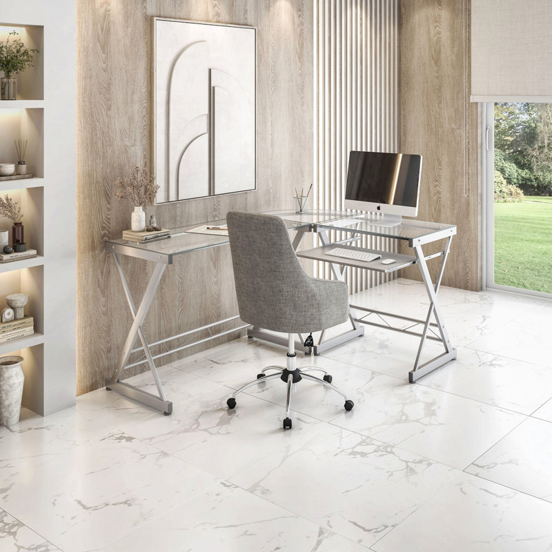 Bureau d'ordinateur en L en verre trempé avec panneau de clavier coulissant, transparent