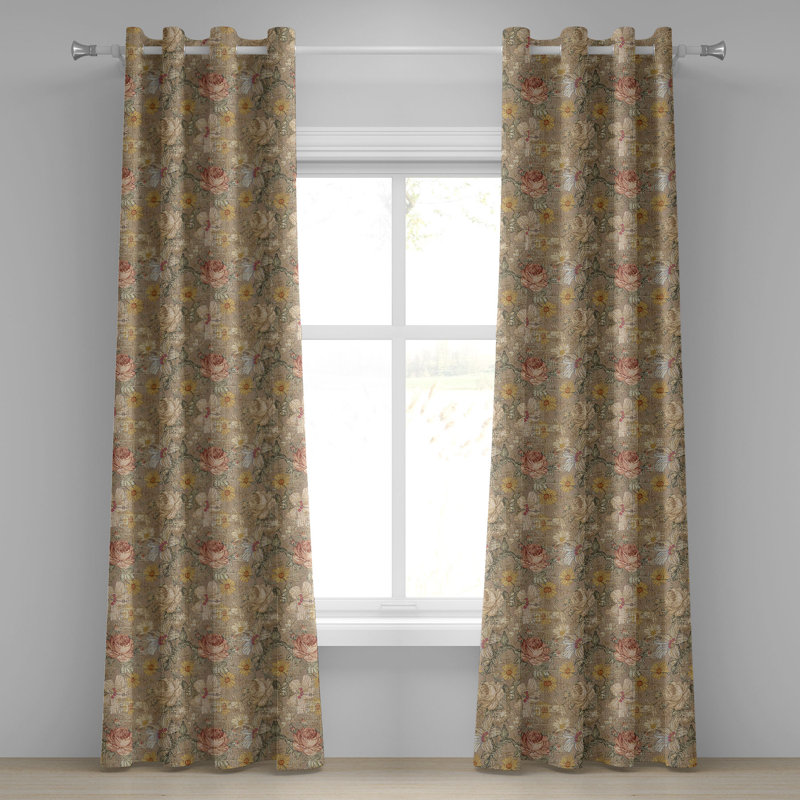 Dakota Fields Floral Grommet Curtain Garden Theme Hibiscus Sketch 50" x 108" Tan Pale Yellow Rose, 50" W x 96" L
