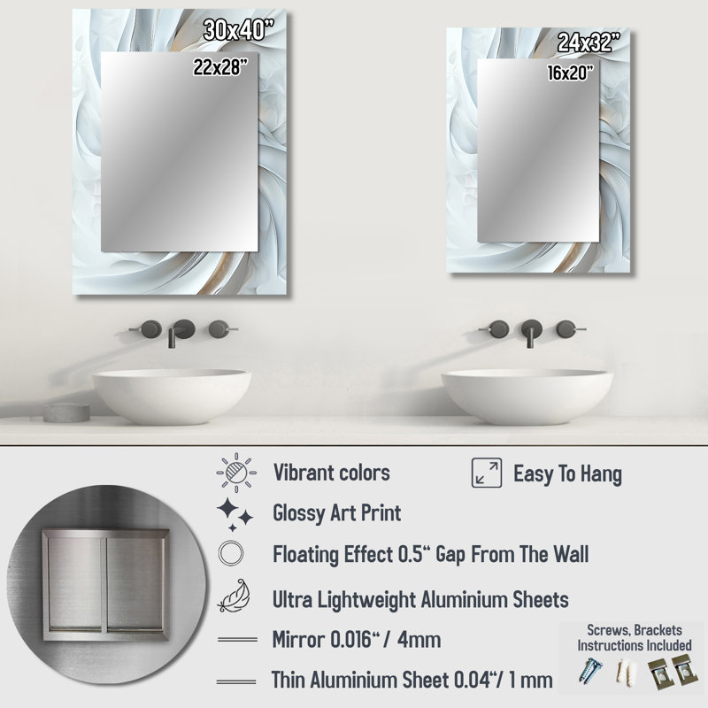 Reproduction d'art gris et blanc teinté II - miroir fractal, miroir mural décoratif moderne, impression d'art en métal