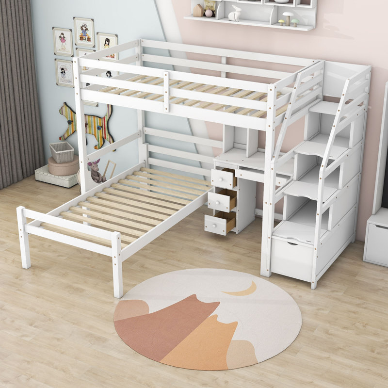 Gara Kids Twin Over Twin Bunk Bed with Drawers, White