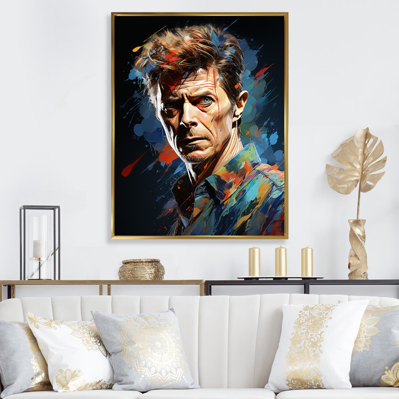 Peinture fusion David Bowie Portrait I - Pop Art, art mural, Cadre flottant doré, H 20 po x l 12 po