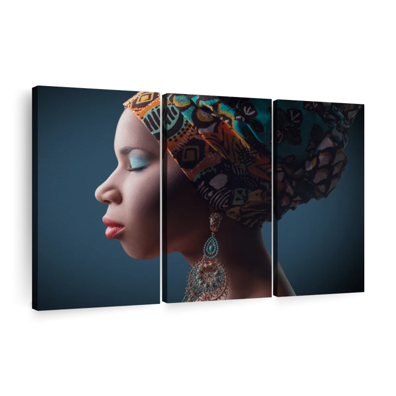 Portrait de femme africaine sur toile 3 pièces, H 28 po x l 45 po x P 1,25 po