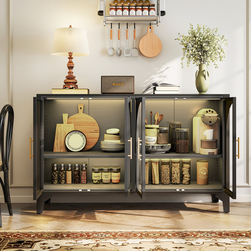 53.2" W Metal Sideboard Buffet Cabinet with Glass Door, Adjustable Shelves, COB LED Light, Black