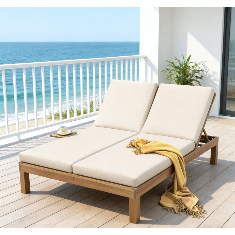 5-Position Adjustable Backrest Double Chaise Lounge Outdoor, Light Teak