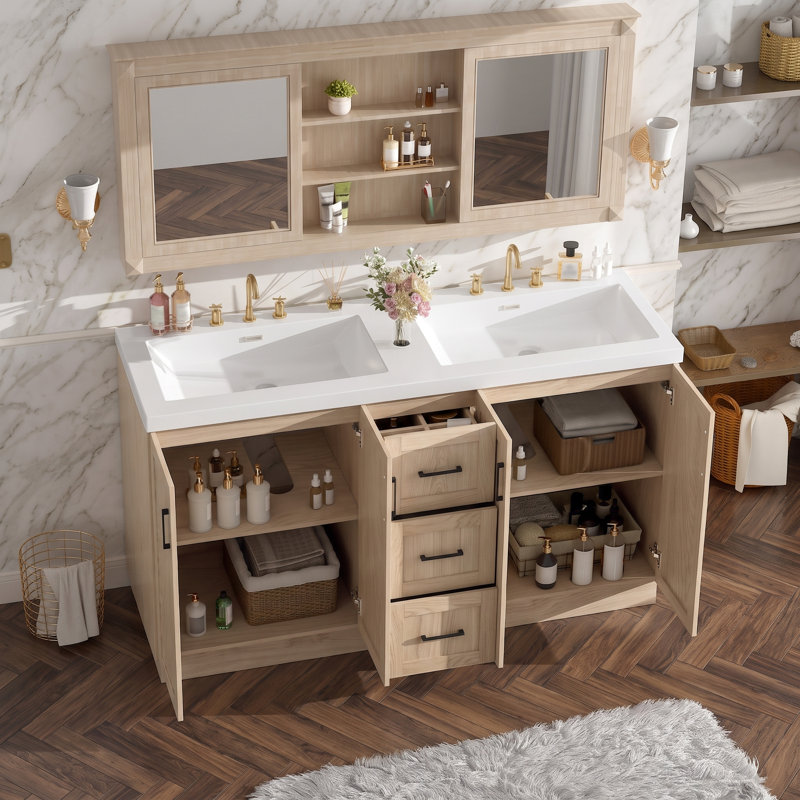 Ensemble de meuble-lavabo double 59 po à grain de bois moderne 59 po avec lavabo SMC, armoire 4 portes en MDF 3 tiroirs, quincaillerie à fermeture en douceur et tablettes réglables