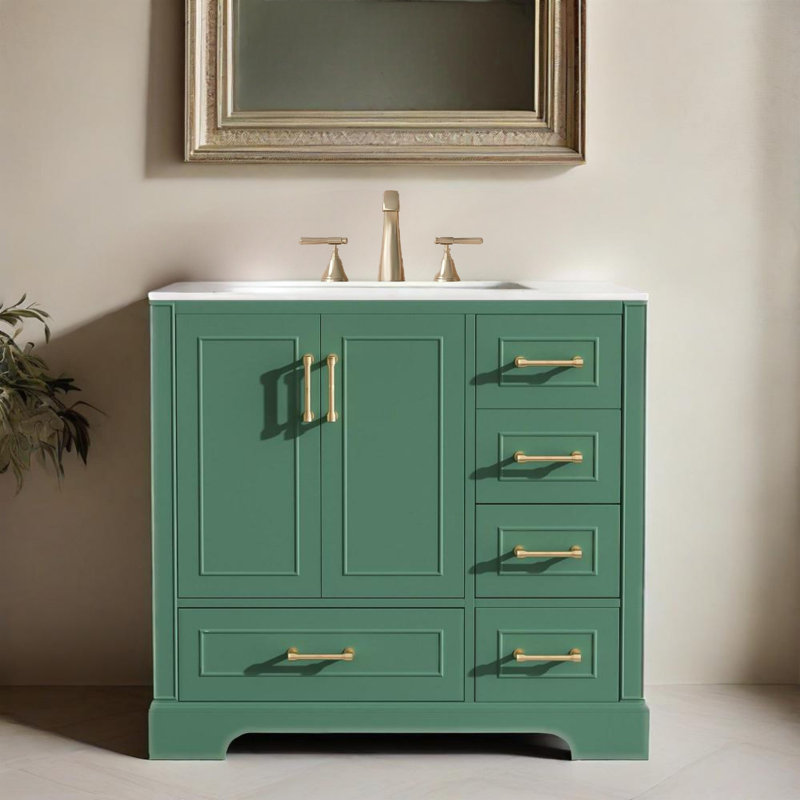Meuble-lavabo traditionnel 36 po avec lavabo en céramique, deux portes à fermeture douce et quatre tiroirs, Vert, Doré