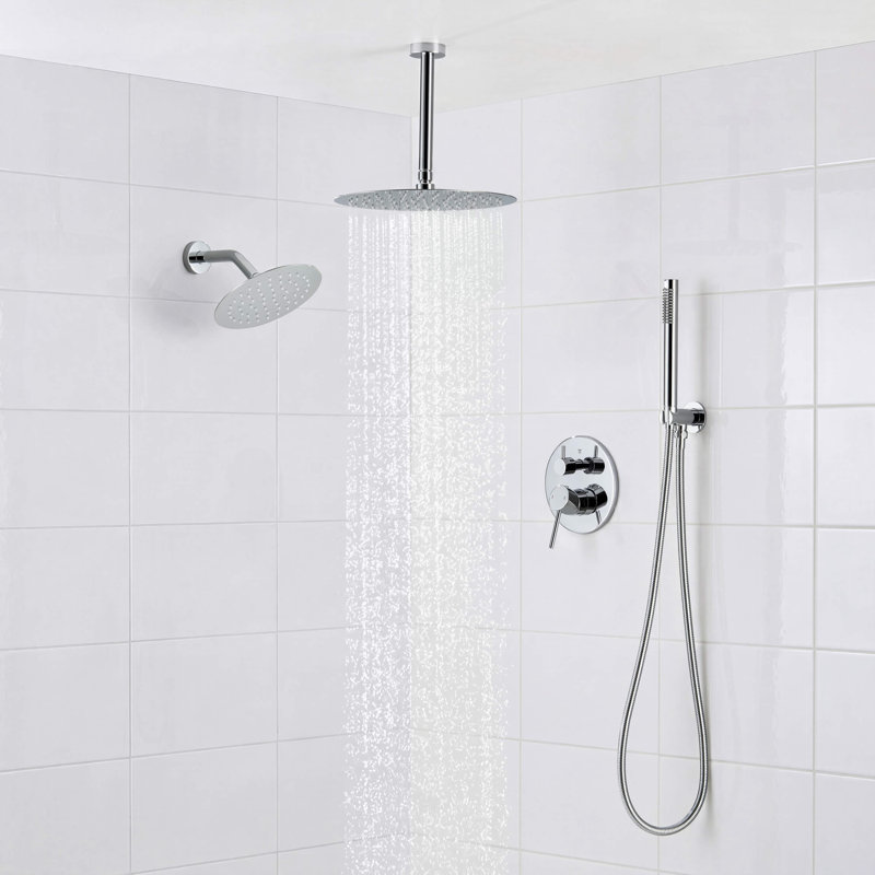 Ensemble complet de robinetterie de douche circulaire à 3 fonctions avec pression équilibrée, comprenant une fixation murale, une fixation au plafond et une douchette.