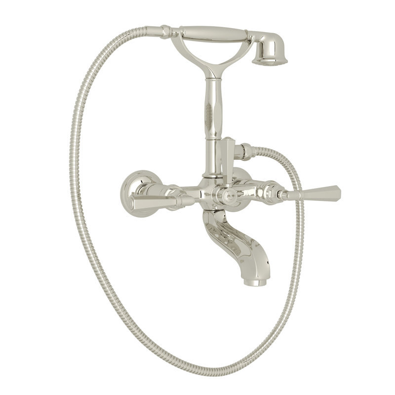 Palladian Exposed Wall Mount Tub Filler, Polished Nickel, Industrial Metal Lever Handle