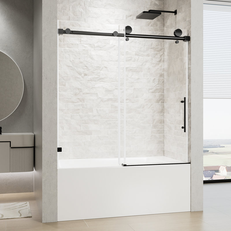 Porte de baignoire coulissante entièrement sans cadre de 56 à 60 po x 60 po Osinslid avec verre trempé transparent de 5/16 po (8 mm) et quincaillerie en acier inoxydable, noir mat, robuste et durable