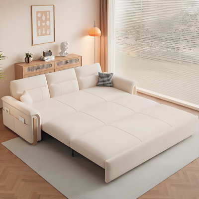 62.99"Modern Minimalist Off-White Cat Scratch Resistant Leather Sofa Bed with Storage Box & Pull-Out Extendable Design