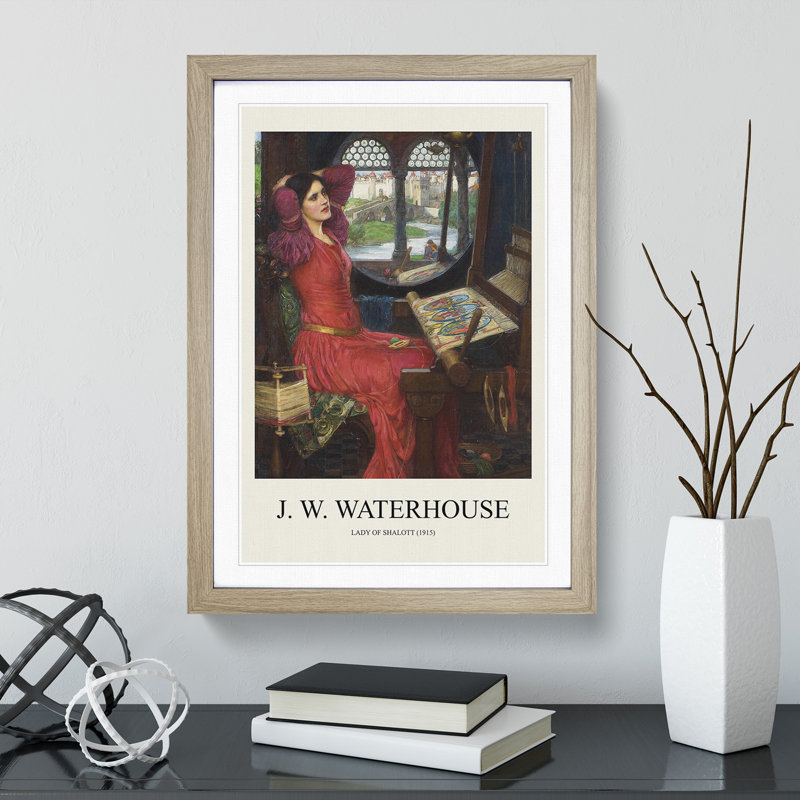 The Lady of Shalott in Red by John William Waterhouse - Picture Frame Painting, 65cm H x 48cm W x 2cm D, Oak Framed