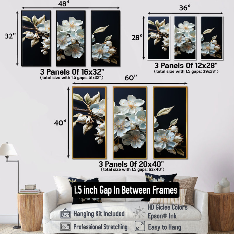 Minimalisme, art floral sur fond blanc, Cadre flottant noir, H 40 po x l 60 po x P 1 po