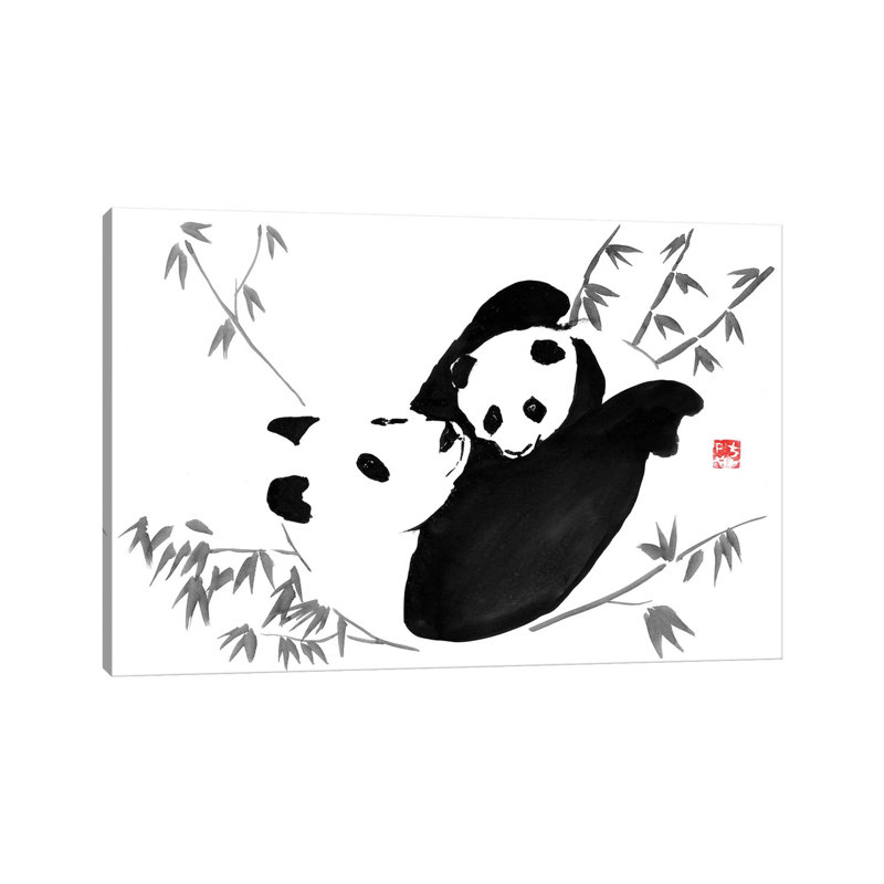 «Panda Family» par Péchane, reproduction d'art sur toile tendue, H 26 po x l 40 po x 1,5 po