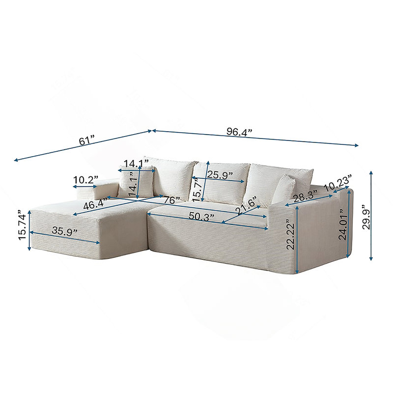 Canapé modulaire convertible en forme de L 2 pièces avec coussins, canapé modulaire à 3 places Boneless, idéal pour une vie confortable et diverses configurations