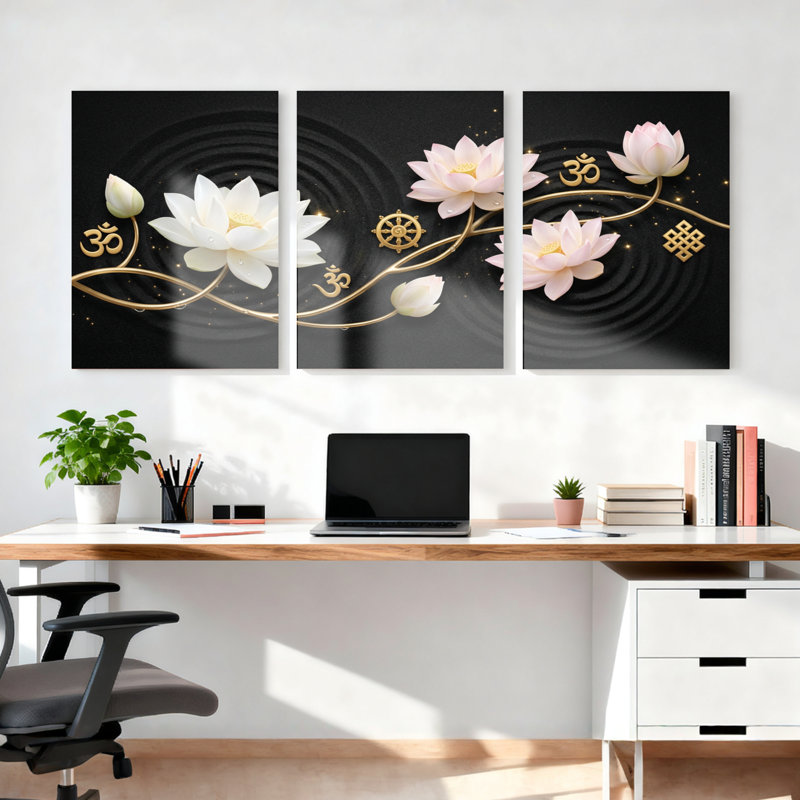 Ensemble de 3 tableaux sur toile représentant des fleurs de lotus et le symbole Om, pour la décoration du salon, de la chambre ou de l'espace de méditation.