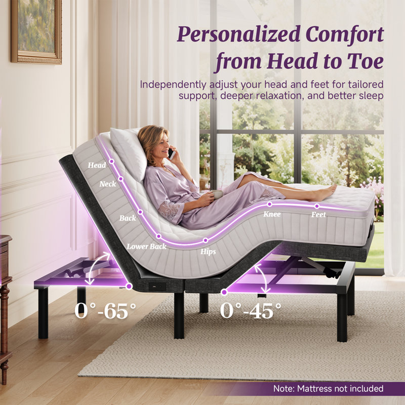 Cadre de lit ajustable Queen haut de gamme avec massage, position zéro gravité, moteur silencieux, télécommande sans fil avec mémoires, ports USB-A et USB-C, veilleuse, 4 hauteurs de lit, sommier électrique, installation facile